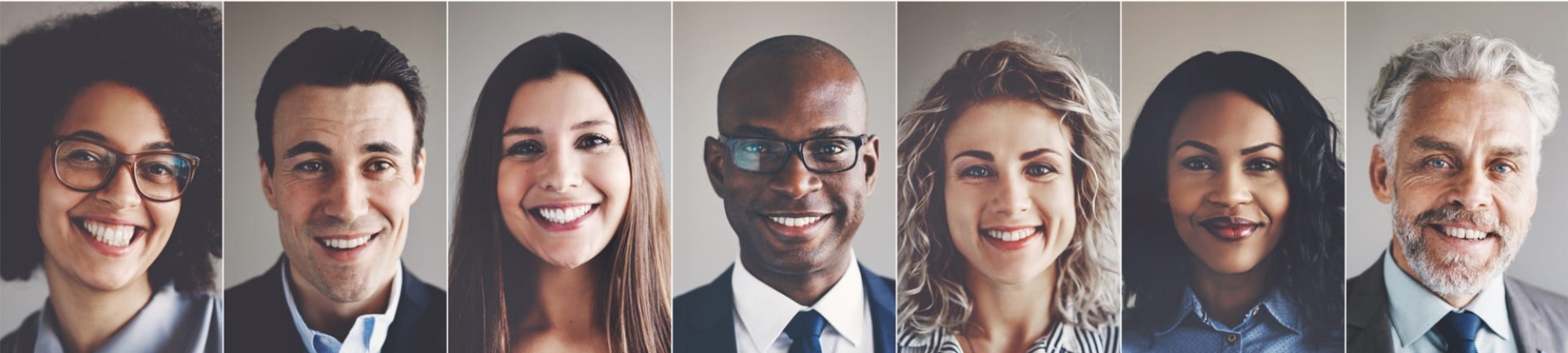 Collage of portraits of an ethnically diverse and mixed age group of focused business professionals