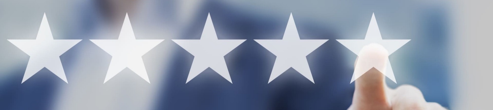 Five stars (5) rating with a businessman touching screen, concept about positive customer feedback and review, excellent performance